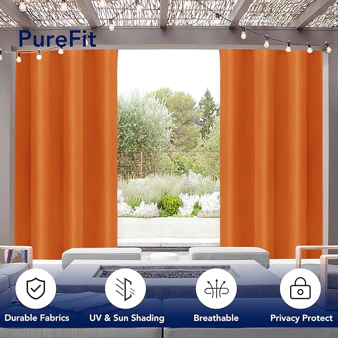 PureFit Outdoor Curtains for Patio Waterproof Weatherproof, UV Resistant Outside Curtains for Gazebo, Front Porch, Pergola, Sun Blocking Privacy Curtain, 52W x 84L inch, 1 Panel, Orange