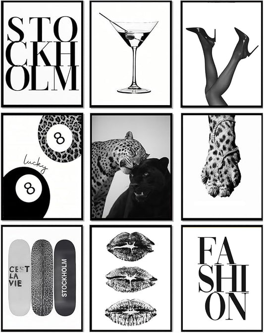 LOARTVE 9Pcs Black and White Fashion Wall Art Prints Trendy Leopard Stockholm by LOARTVEART