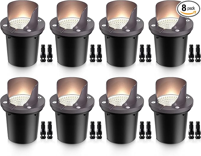 SUNVIE 12W Low Voltage Landscape Lighting Waterproof Outdoor In-Ground Lights Shielded LED Well Lights 12V-24V Warm White Landscape Lighting for Pathway Garden Fence Deck, 8 Pack with Wire Connectors