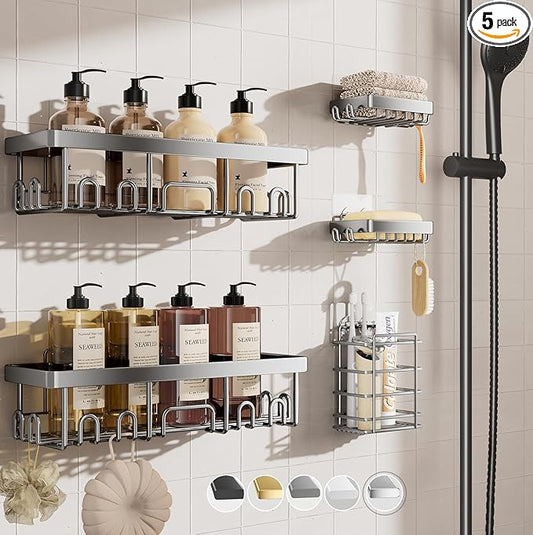 Veken Adhesive Shower Caddy 5-Pack, Heavy Weight Bearing, Large Wall Mounted by Veken