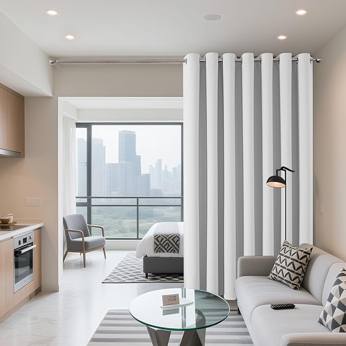 Joydeco Blackout Patio Sliding Door Curtains 84 Inches Long, Grommet Privacy Room Divider Curtains, Extra Wide Thermal Blackout Drapes for Bedroom Living Room (Greyish White, 70Wx84L, 1 Panel)