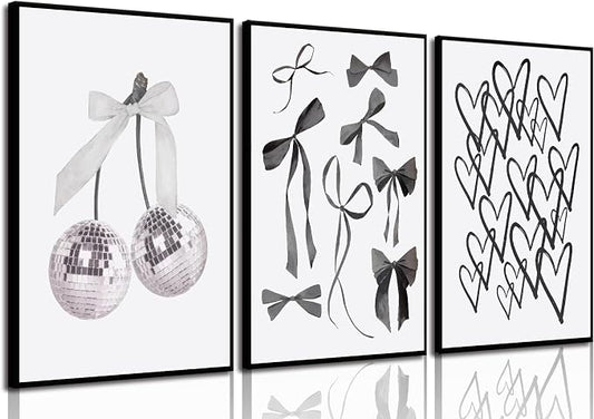 BOKPEN 3pcs Black and White Trendy Preppy Wall Art Bows Disco Ball Many Heart by bokpen