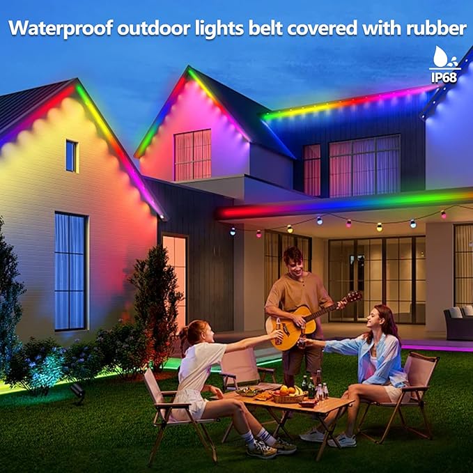 65.6FT Outdoor LED Strip Light Waterproof,IP68 Outside RGB+IC Light Strip with App/Remote Control,Chase Mode,Music Sync Rope Light for Balcony,Deck,Rooftop,Garden,Pool