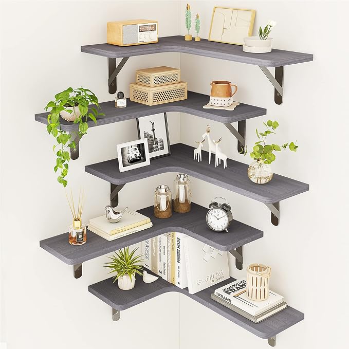 Fixwal Corner Floating Shelves Set of 5, Rustic Wood Wall Mounted Corner Shelf by Fixwal
