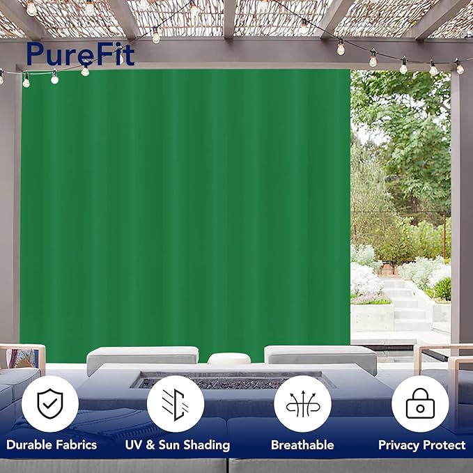 PureFit Outdoor Curtains for Patio Waterproof Weatherproof, UV Resistant Outside Curtains for Gazebo, Front Porch, Pergola, Sun Blocking Privacy Curtain, 150W x 84L inch, 1 Panel, Green