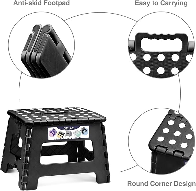 Delxo 9 Inch Folding Step Stool, Black Step Stools for Kids Foldable,Portable Collapsible Step Stool with Handle, Folding Stool for Kitchen Bathroom,Bedroom,Garden