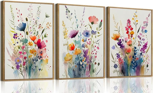 KISSFOX 3 Piece Colorful Wildflower Botanical Framed Wall Art Watercolor Floral by KISSFOX