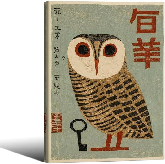 Vintage Japanese Framed Wall Art Owl Poster Mid Century Animal Print 11x14in by Heltrappe