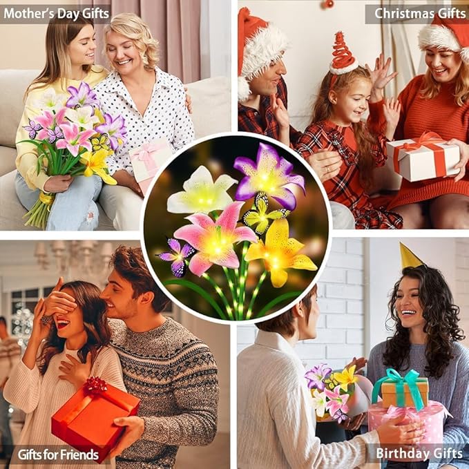 Solar Garden Lights 2 Pack with 8 lilies Outdoor Decorative flower Lights for Garden, Birthday Gift for family and Friends, IP65 Waterproof flower Solar Outdoor Stake Light for Yard Patio Lawn Pathway