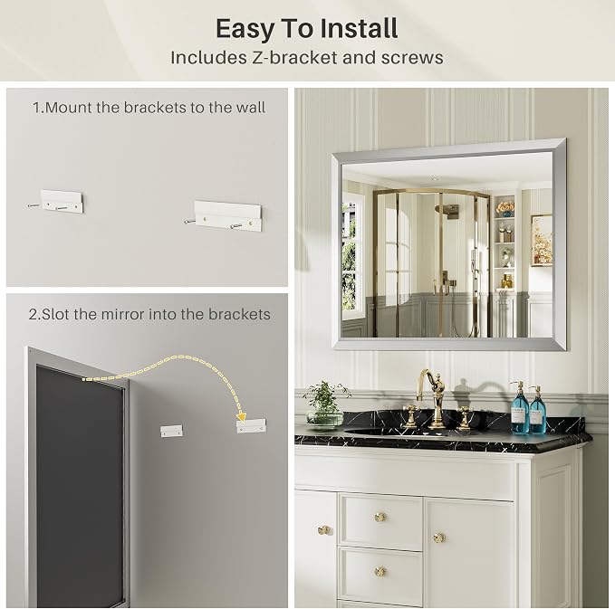 55x30 Inch Brushed Silver Bathroom Mirror - Image 6
