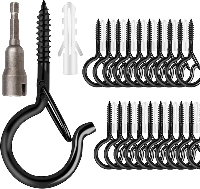 36 PCS Q-Hanger Hooks with Safety Buckle, Windproof Screw Hooks for Outdoor String Lights Hanging Christmas Lights, Plants, with 1 Wing Nut Driver