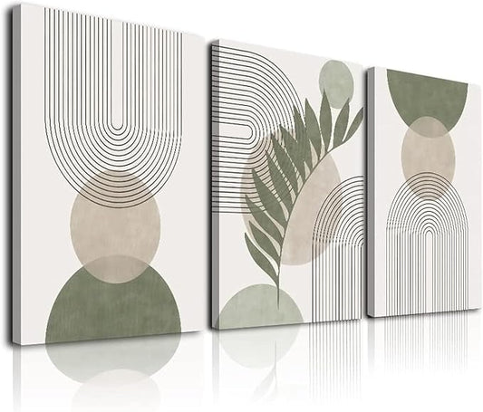 Sage Green Boho Wall Art Set of 3, Minimalist Framed Wall Art Geometric Line by KBKBART