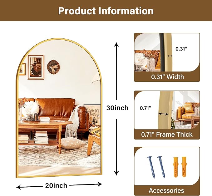 XRAMFY 20"x30" Gold Arched Bathroom Mirror - Image 6