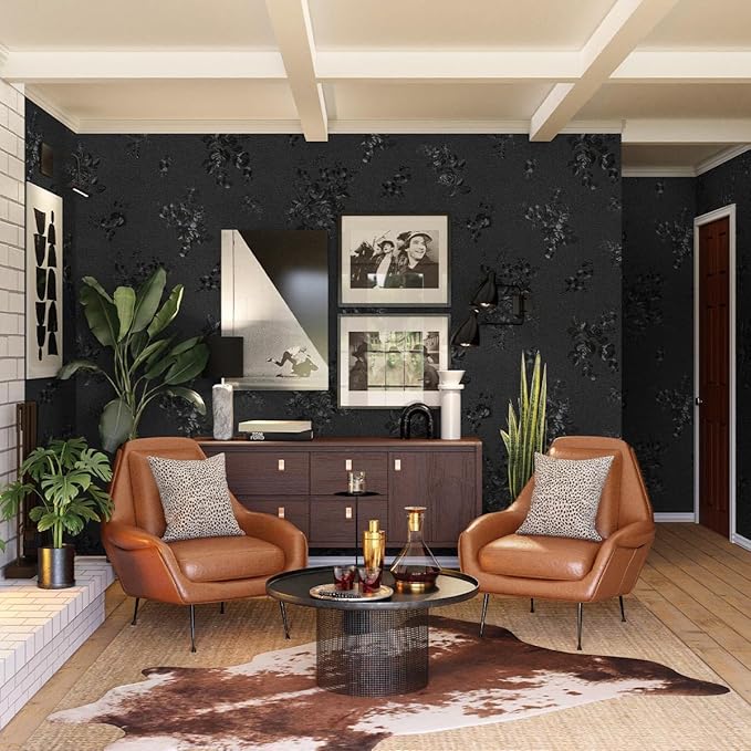 Black Peel and Stick Wallpaper 630inL 17.7inW Silk Embossed Floral Contact Paper - Image 4