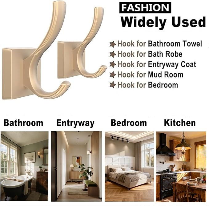 TOFIIGREM Gold Hooks for Wall Double Hooks, Heavy Duty Thick Bathroom Coat - Image 2