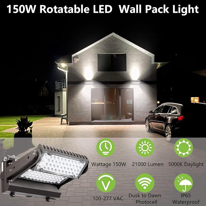 Dusk to Dawn 150W Rotatable LED Wall Pack Light, 5000K 21000LM 800-1000W - Image 2