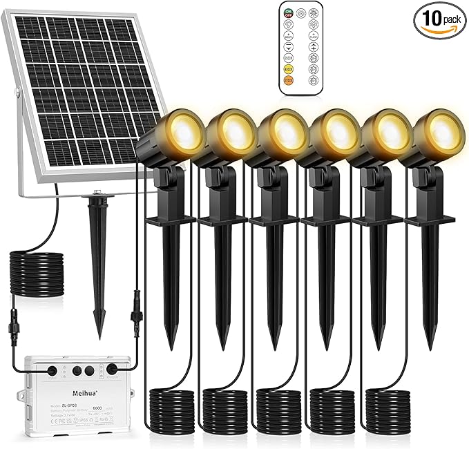 MEIHUA 6 in 1 Solar Spot Lights Outdoor, Solar Landscape Spotlights 2700K/4000K/6500K, 3 Brightness & Remote Control, IP66 Waterproof Spotlights Outdoor Garden for Pathway Driveway Tree