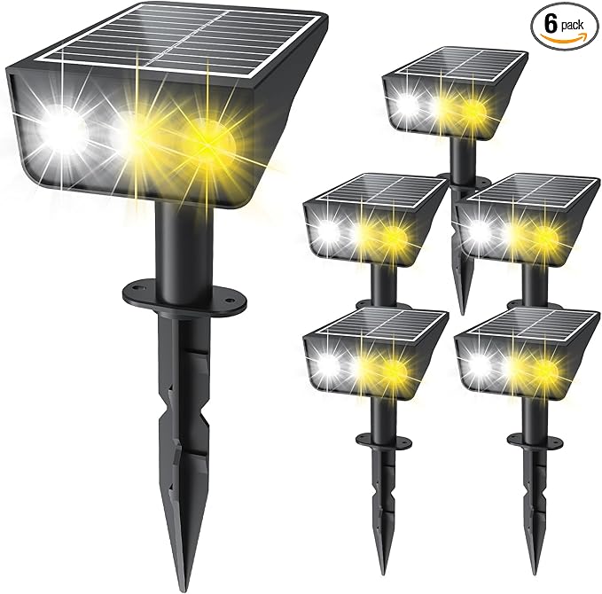Solar spot Lights Outdoor IP65 Waterproof Solar spotlights 3 Lighting Modes Tree Lights for Outdoor Yard Garden Auto On/Off Wall Lights for Walkway Driveway Garage 6 Pack (Warm White