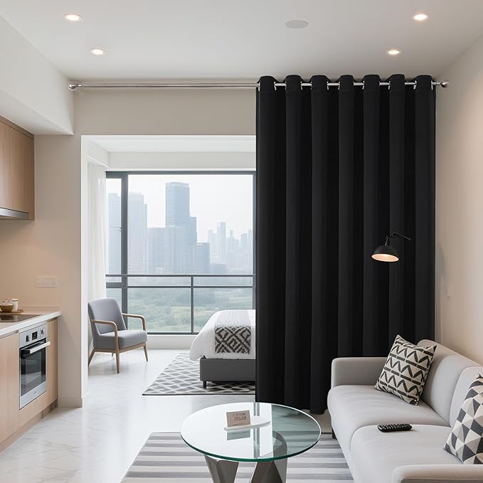 Joydeco Blackout Patio Sliding Door Curtains 84 Inches Long, Grommet Privacy Room Divider Curtains, Extra Wide Thermal Blackout Drapes for Bedroom Living Room (Black, 60Wx84L, 1 Panel)