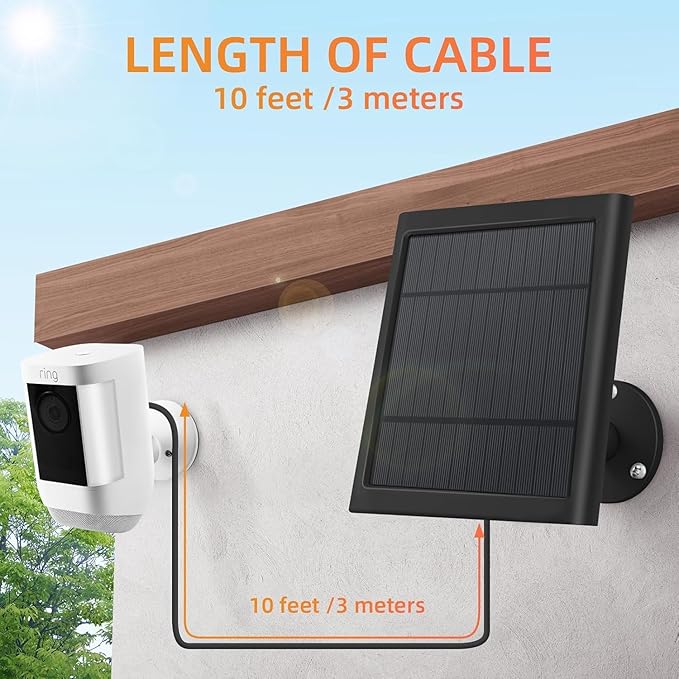 1 Pack 4W Solar Charger for Ring Spotlight & Stick Up Outdoor Cam, Black, High Efficiency, 10FT/3M Long Cable with USB-C to Ring Barrel Plug