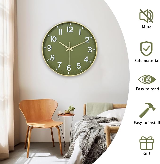 HZDHCLH Wall Clocks Battery Operated, Wall Clock Green Gold, 10 inch Wall Clock - Image 4