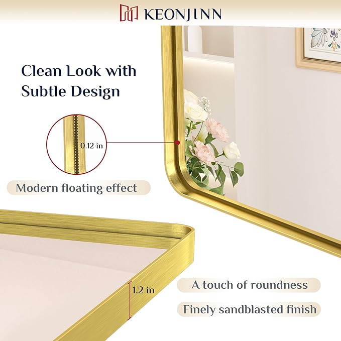 Keonjinn Gold Bathroom Mirrors for Over Sink 24 x 36 Inch Brushed Brass Metal - Image 3
