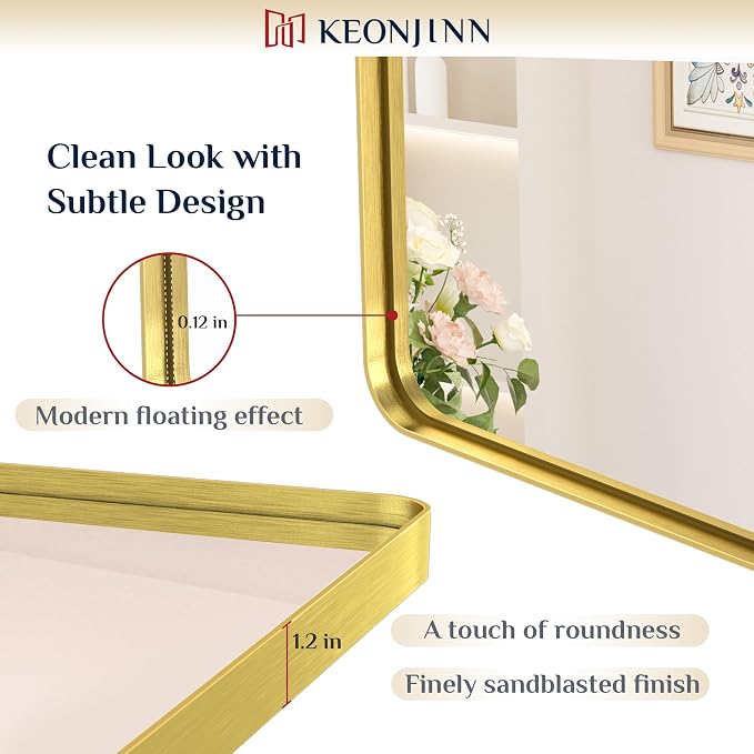 Keonjinn Brushed Gold Bathroom Mirror 48 x 30 Inch Large Rounded Rectangle - Image 3
