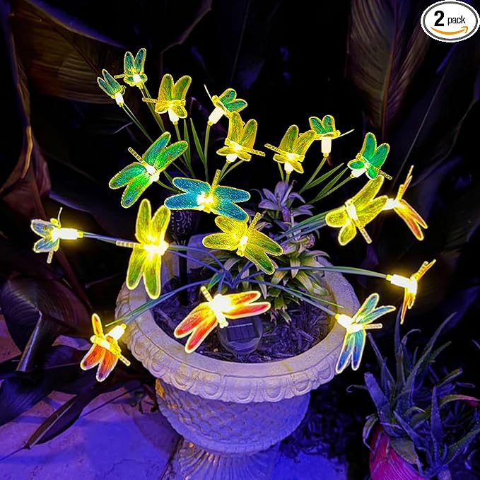 Anordsem Solar Garden Lights Outdoor: 8 Removable Optical Fiber Dragonflies 2 Pack - Waterproof Fun Animal Decoration for Yard Patio Path - Gardening Gifts for Garden Lovers Over 30