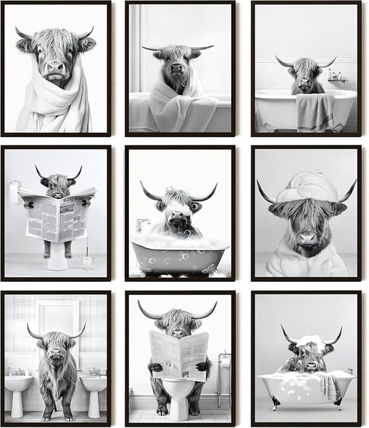 SEHSUVC Funny Bathroom Cow Posters Wall Art Set of 9, Vintage Black and White by Unknown