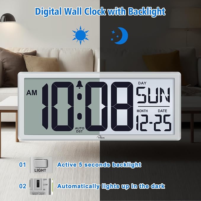 WallarGe Backlight Digital Wall Clock Battery Operated - - Image 2
