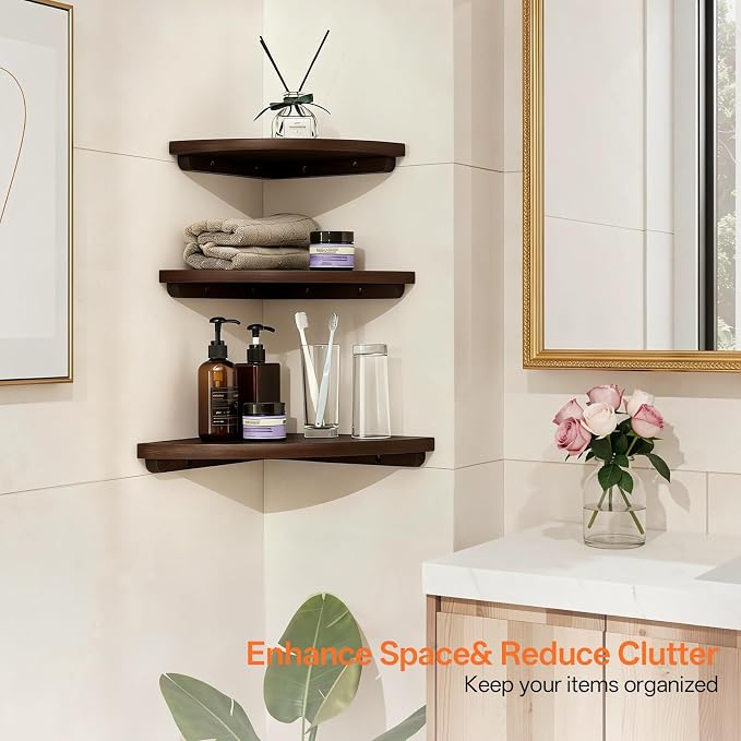 Gieanoo Floating Corner Shelves Set 2 10inch Walnut Solid Oak Rounded Corner - Image 4