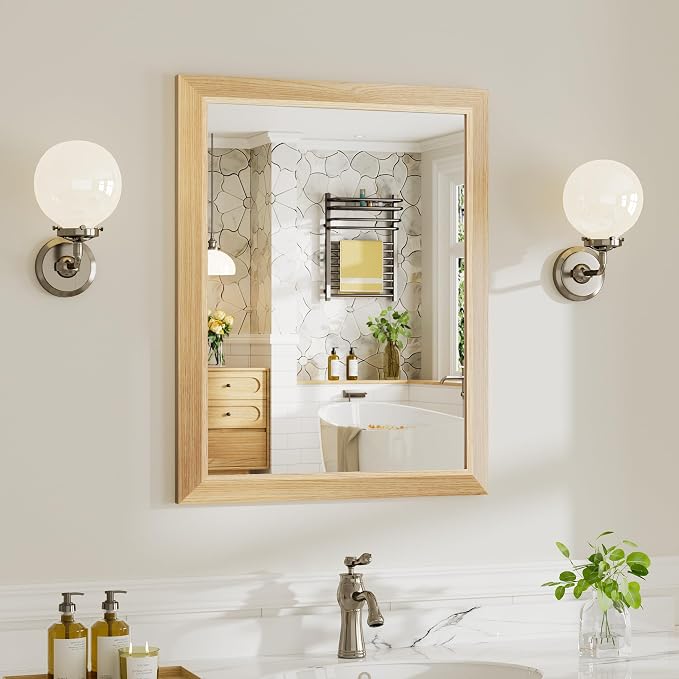 24x30 Inch Bathroom Mirror for Wall, Anti-Rust Oak Wood Grain Metal Framed by Briivuemodernmirrors