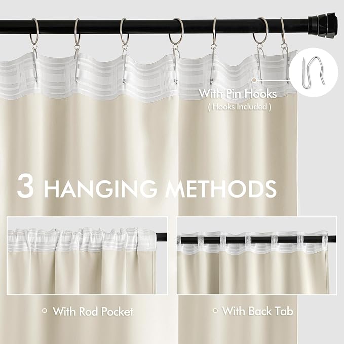 MIULEE Beige White Back Tab Blackout Curtains 102 Inch Long 2 Panels Set - Image 3