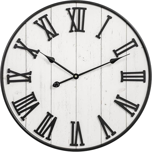 Large Rustic Wooden Wall Clock, 24 Inch Whitewashed Farmhouse Wall Clock by MACVAD