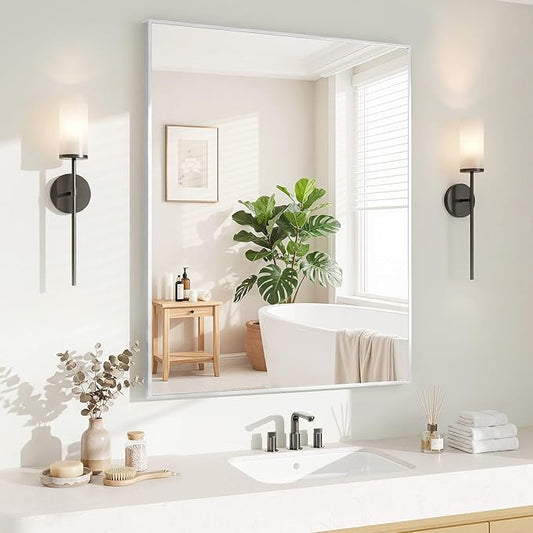 Koonmi Silver Rectangle Wall Mirror, 30x36 Inch Bathroom Mirror, Aluminum Frame by KOONMI