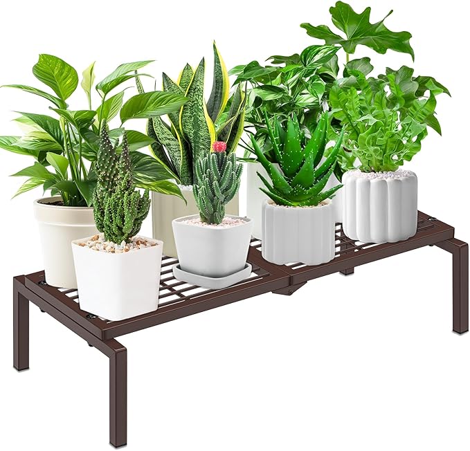 1 Tier Metal Plant Stand Indoor Outdoor, Potted Multiple Flower Pot Holder Rack Plant Shelf, Heavy Duty Planter Display Shelving for Patio Balcony Garden Living Room Decorative (Brown)