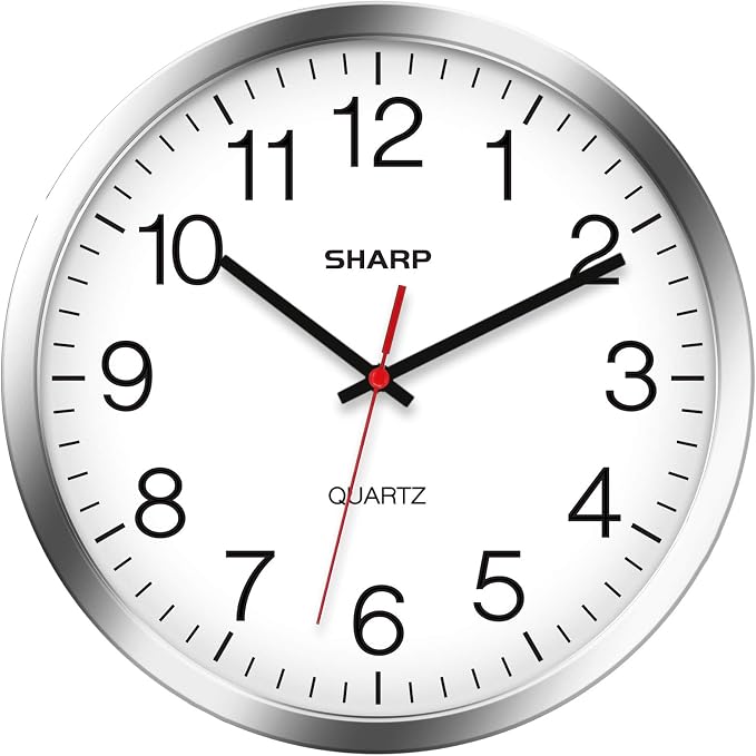 Sharp Wall Clock – Silver/Chrome, Silent Non Ticking 12 Inch Quality Quartz by SHARP