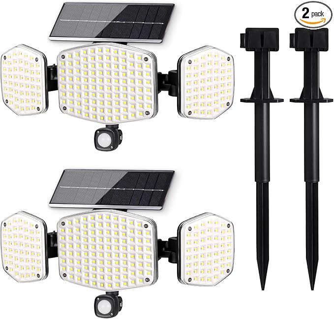 Solar Motion Sensor Outdoor Lights with Stakes, In-Ground or Wall Mount, 270° Wide Angle Illumination, 208 LED Solar Powered Security Flood Lights, IP65 Waterproof, 2 Pack