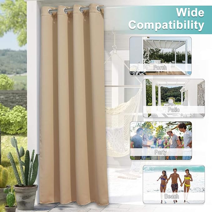 NICETOWN Outdoor Curtains for Patio Waterproof 95" L, Blackout Gazebo Curtain for Pergola/Porch Weatherproof, UV & Privacy Protection Outside Drape, 52" Wide, 1 Panel, Biscotti Beige
