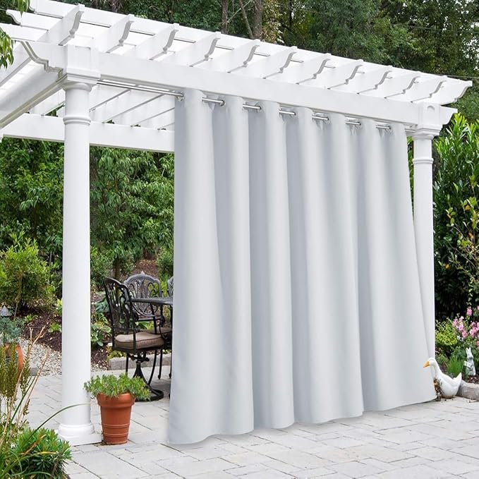 NICETOWN Patio Outdoor Curtain Waterproof Extra Wide and Long, Rustproof Grommet W100 x L108 Room Darkening Outdoor Living Divider Privacy Thermal Insulated Blinds for Pool, Greyish White, 1 Piece