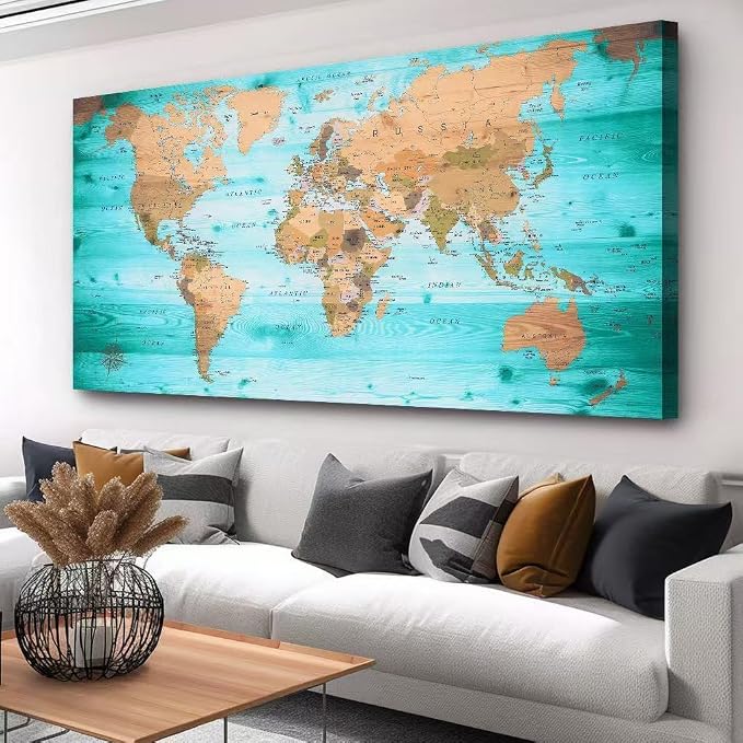 Large Wall Art Blue map of The World Painting Ready to Hang 24"x48"Large Framed by ZEYDRT