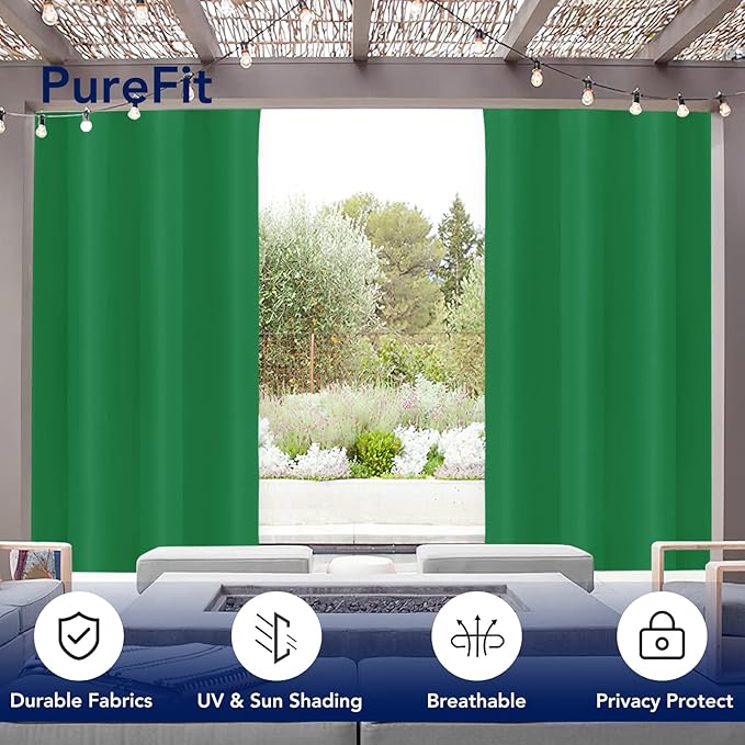 PureFit Outdoor Curtains for Patio Waterproof Weatherproof, UV Resistant Outside Curtains for Gazebo, Front Porch, Pergola, Sun Blocking Privacy Curtain, 52W x 95L inch, 1 Panel, Green