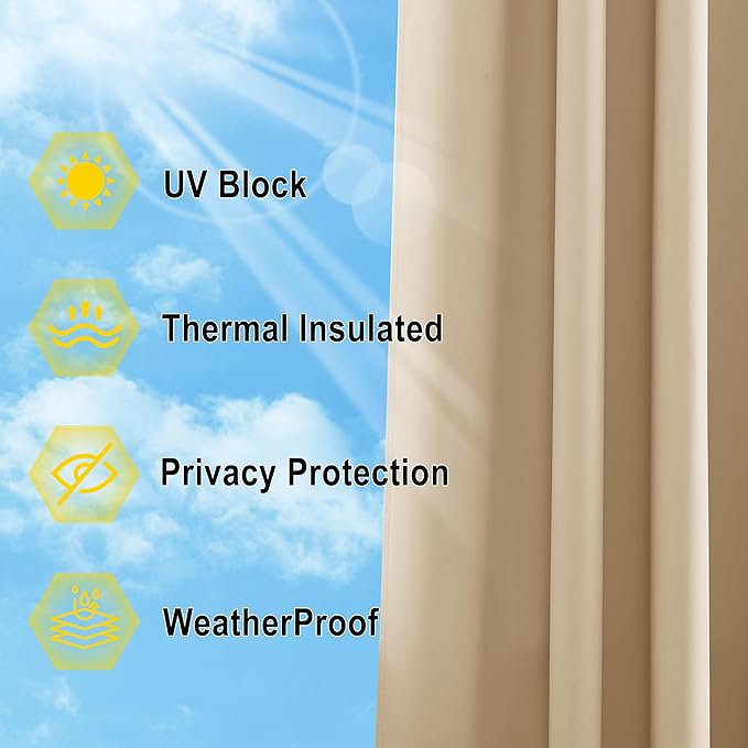NICETOWN Outdoor Curtains for Patio Waterproof 95" L, Blackout Gazebo Curtain for Pergola/Porch Weatherproof, UV & Privacy Protection Outside Drape, 52" Wide, 1 Panel, Biscotti Beige