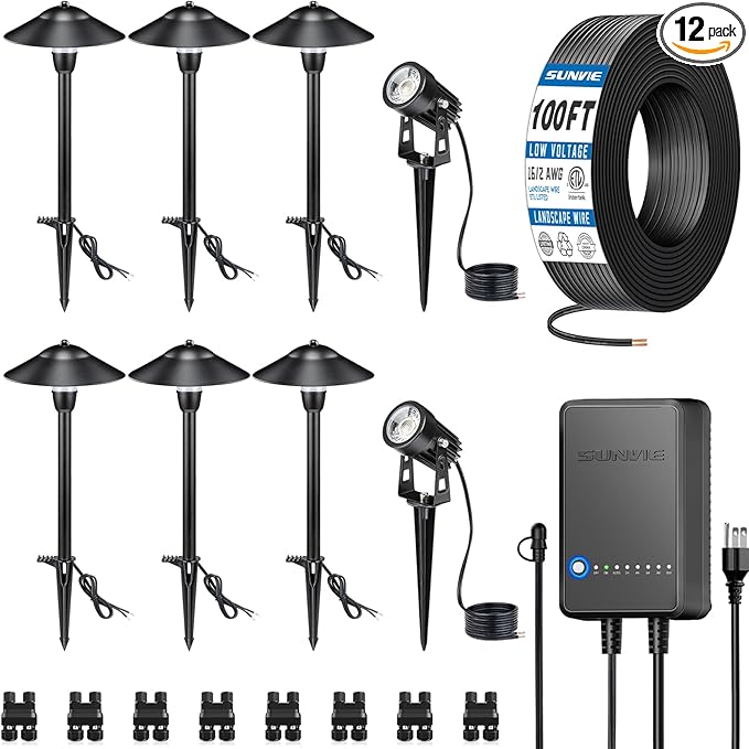 SUNVIE All-in-One LED Low Voltage Landscape Lighting Kit 6 Pathway Lights 2 Spotlights with 60W Photocell Transformer 100FT Wire for Path&Garden, Aluminum, ETL Listed, Dusk to Dawn, Waterproof, 3000K