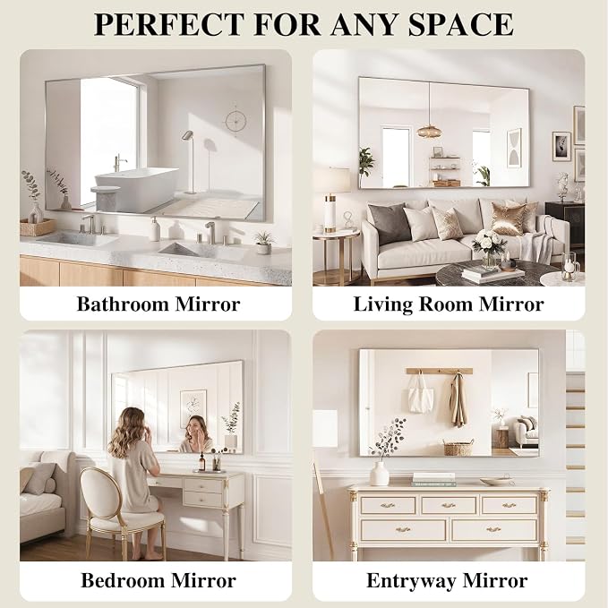 Koonmi Silver Rectangle Wall Mirror, 30x48 Inch Bathroom Mirror, Aluminum Frame - Image 7