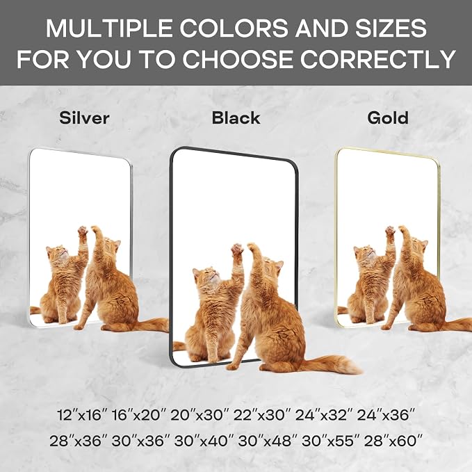 Wall Mount Mirror for Bathroom, Brush Silver Metal Framed Rounded Corner Square - Image 7