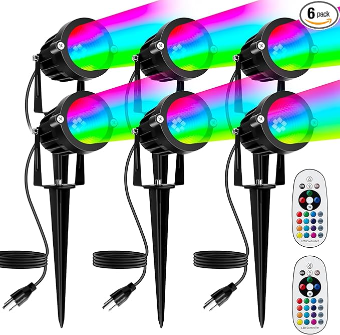 PYDS Christmas Spotlights Outdoor, 12W RGBW Halloween Spot Lights with Remote, 120V Plug-in Color Changing LED Landscape Lighting with IP65 Waterproof for Yard Garden Tree Decor, 6 Pack