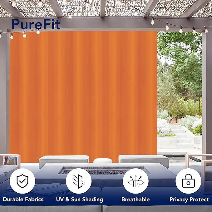 PureFit Outdoor Curtains for Patio Waterproof Weatherproof, UV Resistant Outside Curtains for Gazebo, Front Porch, Pergola, Sun Blocking Privacy Curtain, 150W x 84L inch, 1 Panel, Orange
