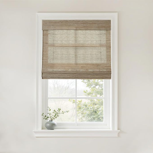 TWOPAGES Natural Woven No Drill Roman Shades, Custom Cordless Blackout Bamboo by TWOPAGES