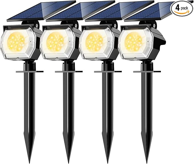 btfarm 4 Pack Solar Spot Lights Outdoor Waterproof IP65-1000LM 52 LED Solar Spotlights Uplights with 3 Modes & 180° Adjustable Panel, Landscape Lighting Outside for Yard Pathway Trees (Warm White)